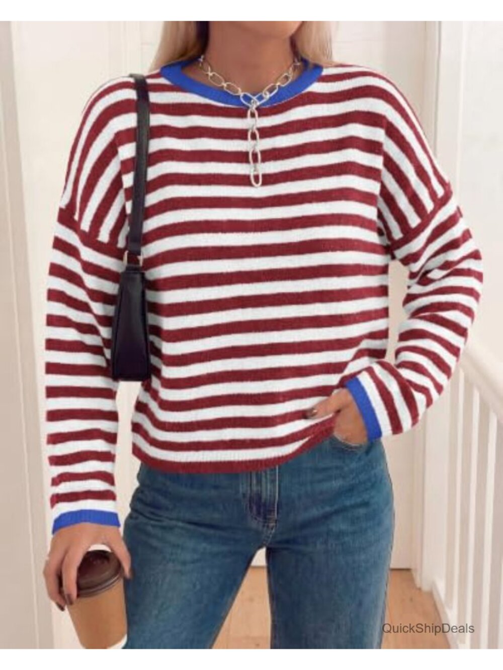 Oversized Striped Crewneck Sweater, Soft Knit, Long Sleeve - Picture 3 of 6